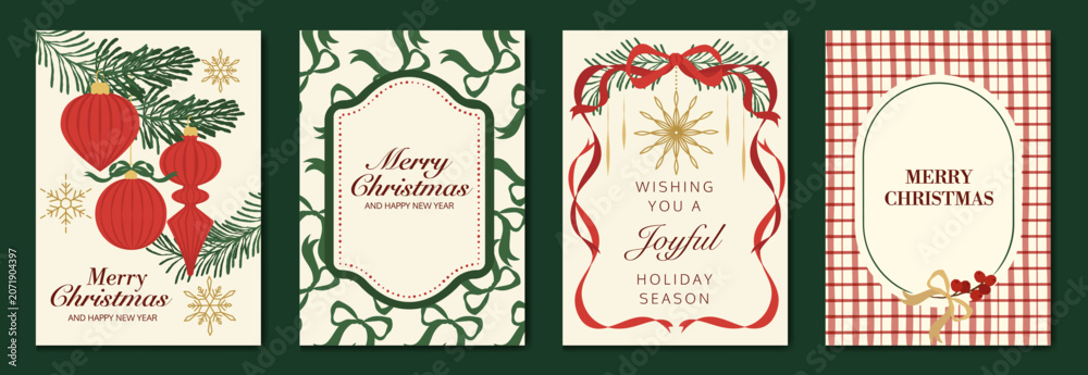 Fototapeta premium Vintage Christmas card vector template set. Elegant festive greeting designs with ribbons, tree, ornaments, holly frames and classic holiday typography for seasonal stationery.