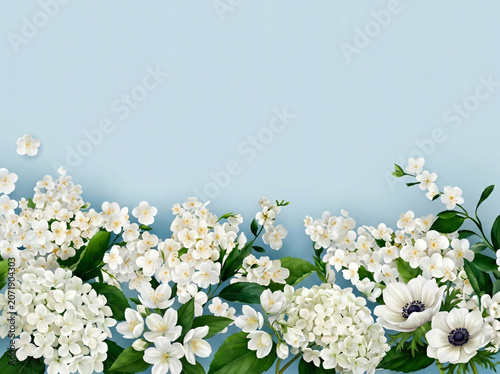 Elegant white jasmine and hydrangea flowers border on a light blue background with copy space for text
