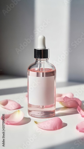 Natural organic skincare product mockup with dropper and pink roses on marble