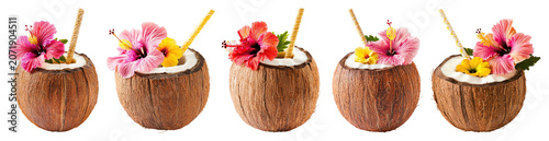 PNG Tropical coconut drinks with flowers on transparent background