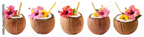 Obraz  z motywem PNG Tropical coconut drinks with flowers on transparent background