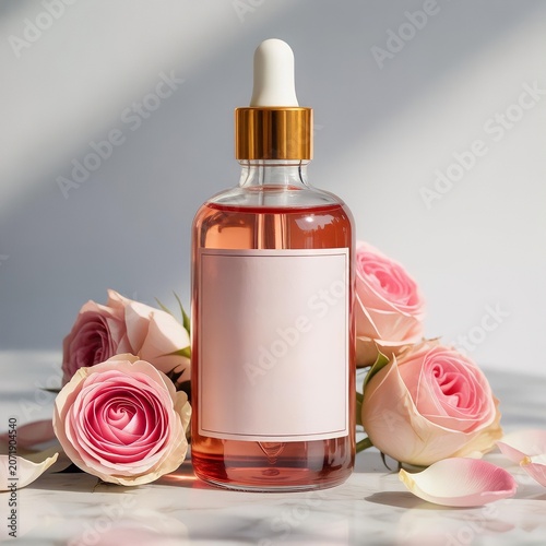 Luxury cosmetic glass serum bottle with blank label and pink rose flowers