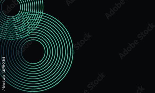 Abstract black background with overlapping turquoise concentric circles and neon line patterns on the left, creating a modern geometric design with large copy space.