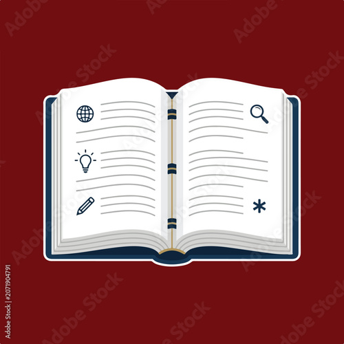 Open book illustration with icons representing knowledge and learning concepts.
