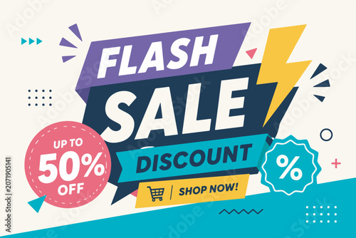 Dynamic Flash Sale Banner Template with 50% Off Discount and Shopping Icons