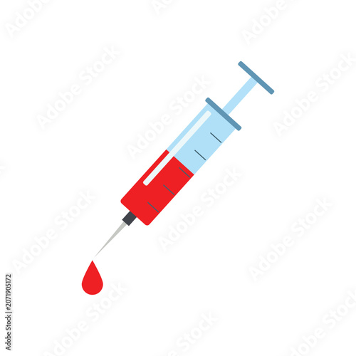 Medical syringe illustration with a red liquid drop, isolated on a white background. Clean healthcare graphic representing vaccination, injection, treatment, and medical care.