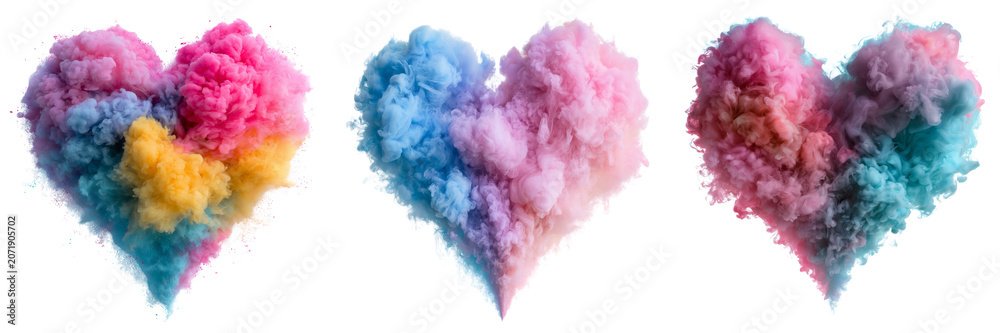 Fototapeta premium Set of Abstract heart shape made of exploding colored powder, vivid multicolor explosion frozen mid-air, soft gradient blending of rainbow pigments on transparent png background. Ai generated