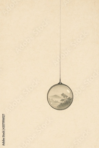 Traditional asian ink art of droplet holding peaceful nature vista