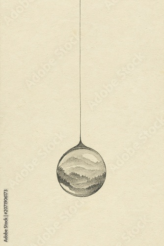 Ethereal hanging water sphere enclosing misty trees and lake