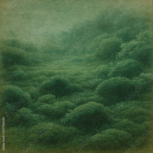 Atmospheric landscape artwork depicting rolling mounds of vibrant green moss in fog