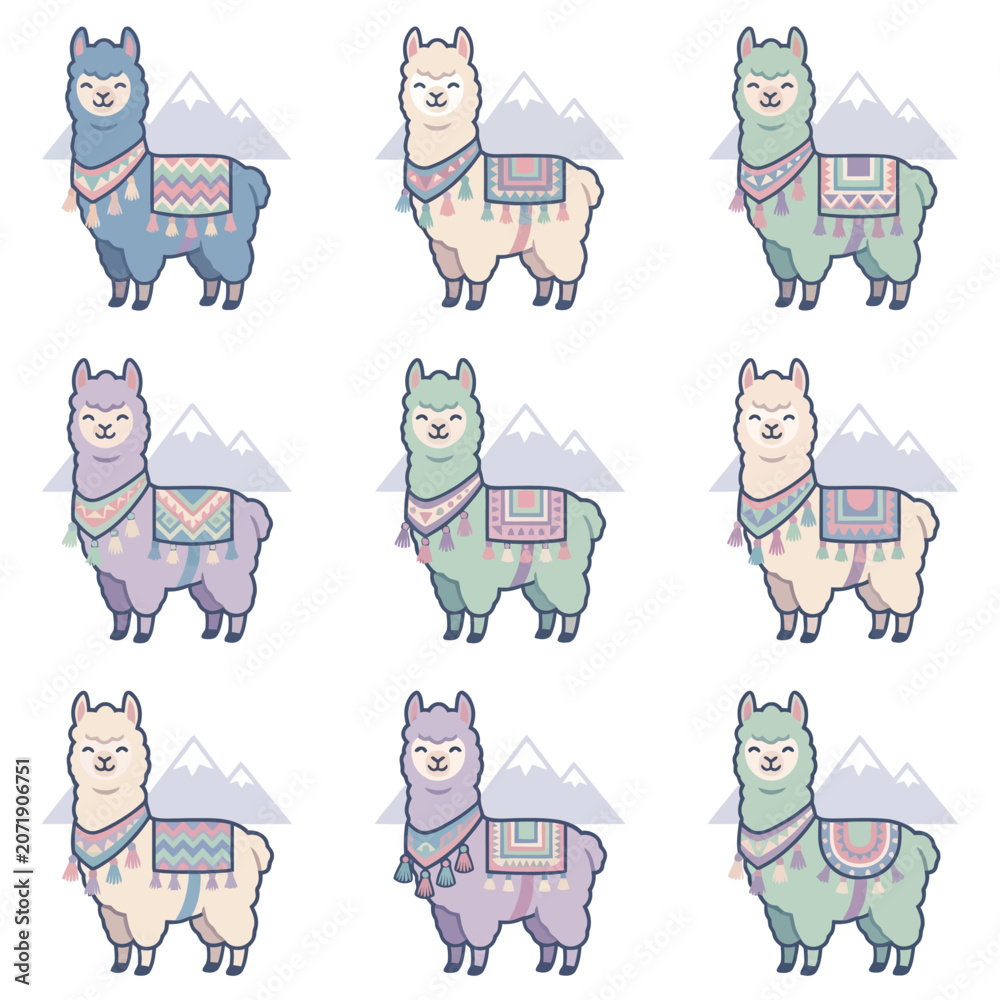 Obraz premium Colorful cartoon llamas in rows standing.