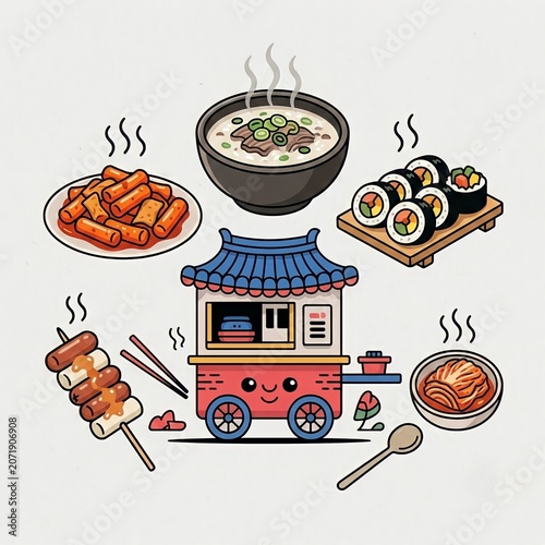 Kawaii Asian food truck vector illustration with tteokbokki and skewers