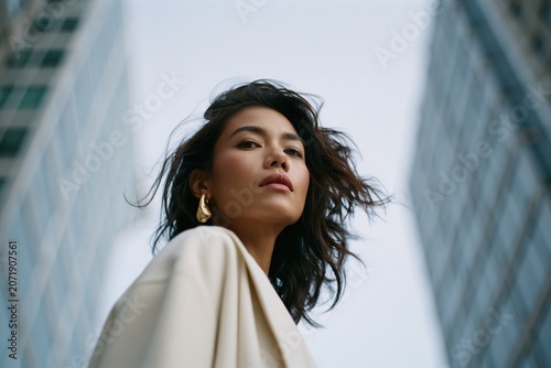 Model poses in urban setting with tall buildings during daytime while wind moves her hair