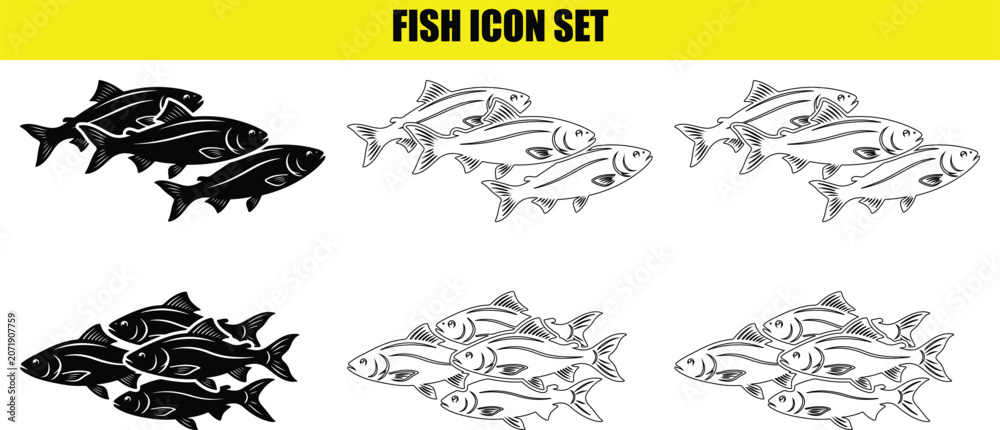 Fototapeta premium Collection of fish group icons featuring simple designs in black white and linear style.