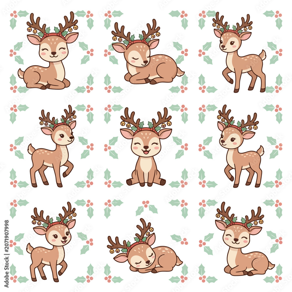 Fototapeta premium Cute Deer Pattern with Antlers Holiday.