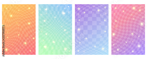 Cute Y2K aesthetic posters with gradient backdrop and stars on abstract grid. Kawaii pastel design with sparkles, retro geometric elements, and vibrant color scheme for trendy wallpapers.