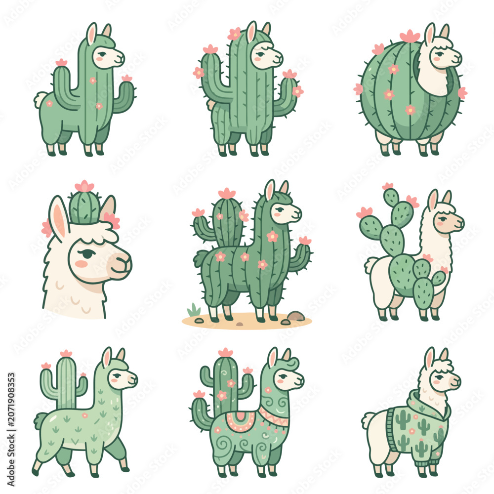 Obraz premium Cute llama and cactus illustrations together.
