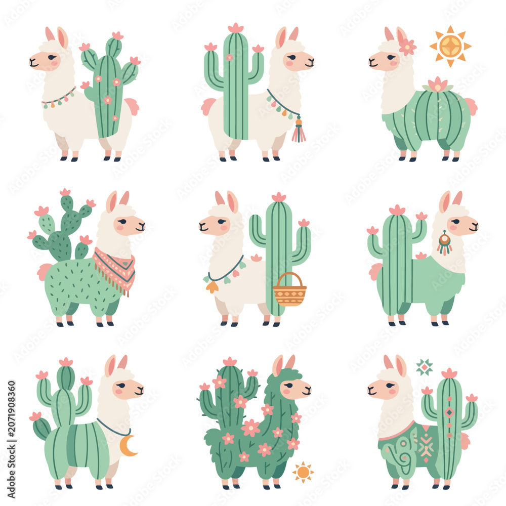 Obraz premium Cute llama standing next to cactus.