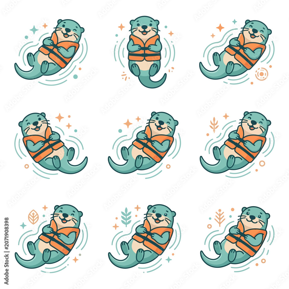 Fototapeta premium Cute Otters Wearing Life Jackets Illustration.