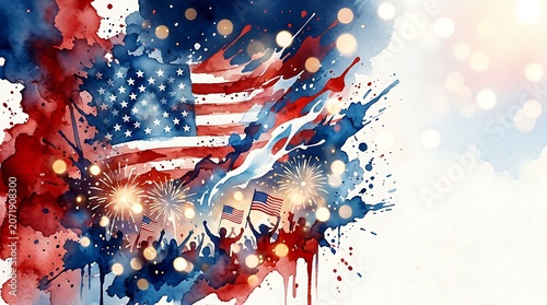 USA Flag Watercolor Art with Fireworks and Crowd Silhouette for Independence Day Celebration Background