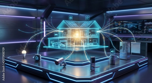 A futuristic smart home system with various devices and a glowing house blueprint on a metallic platform