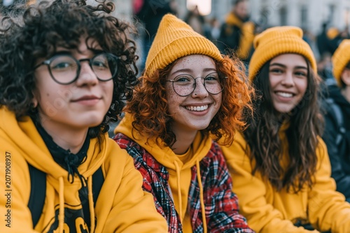 Group of young friends smiling together in yellow attire during outdoor gathering in the city