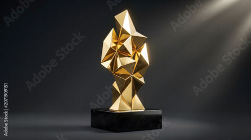 Abstract Golden Geometric Trophy on Black Pedestal.