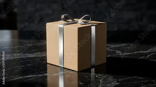 Cardboard Gift Box with Silver Ribbon on Marble Surface.