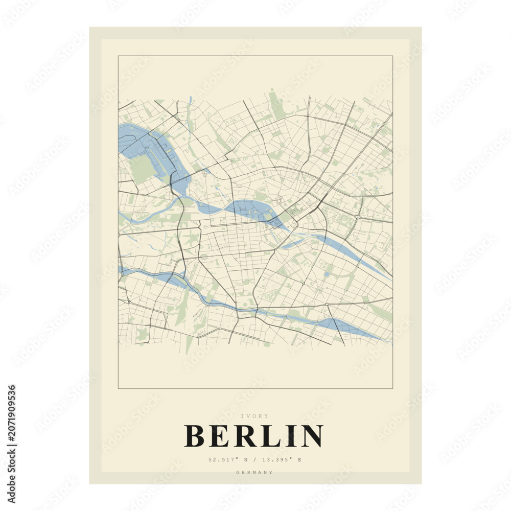 Fototapeta premium Minimalist map poster of berlin, germany, featuring a stylized street grid, river spree, and geographic coordinates in a clean, modern aesthetic with a soft ivory background