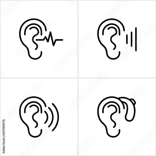 Minimalist ear and hearing aid icons set for audiology and sound concept.