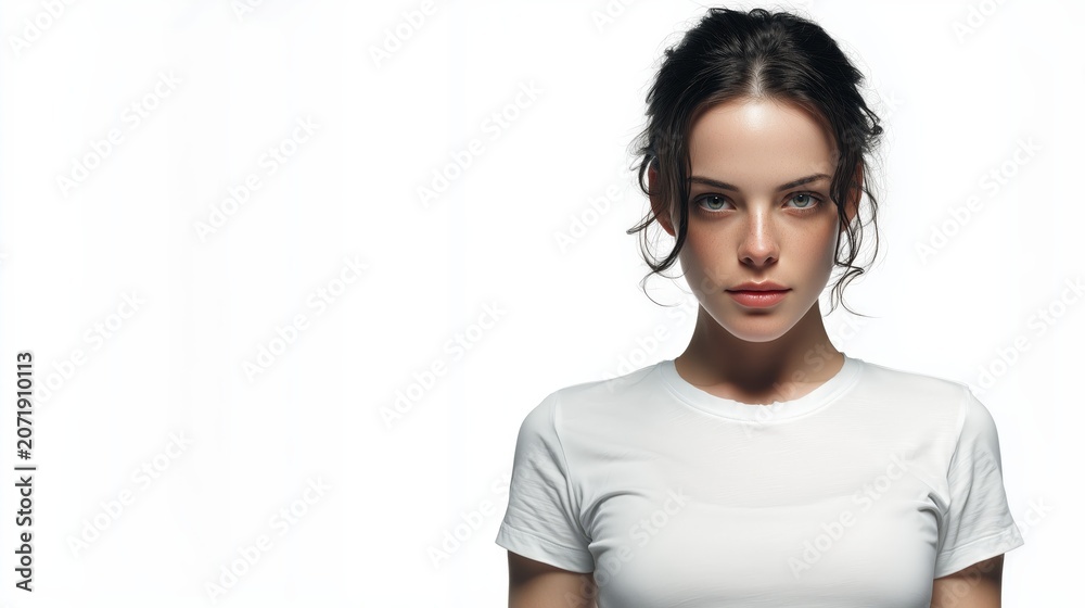 Fototapeta premium Young european woman with dark hair wearing white t shirt looking at camera isolated on white background with soft daylight Concept of minimalism