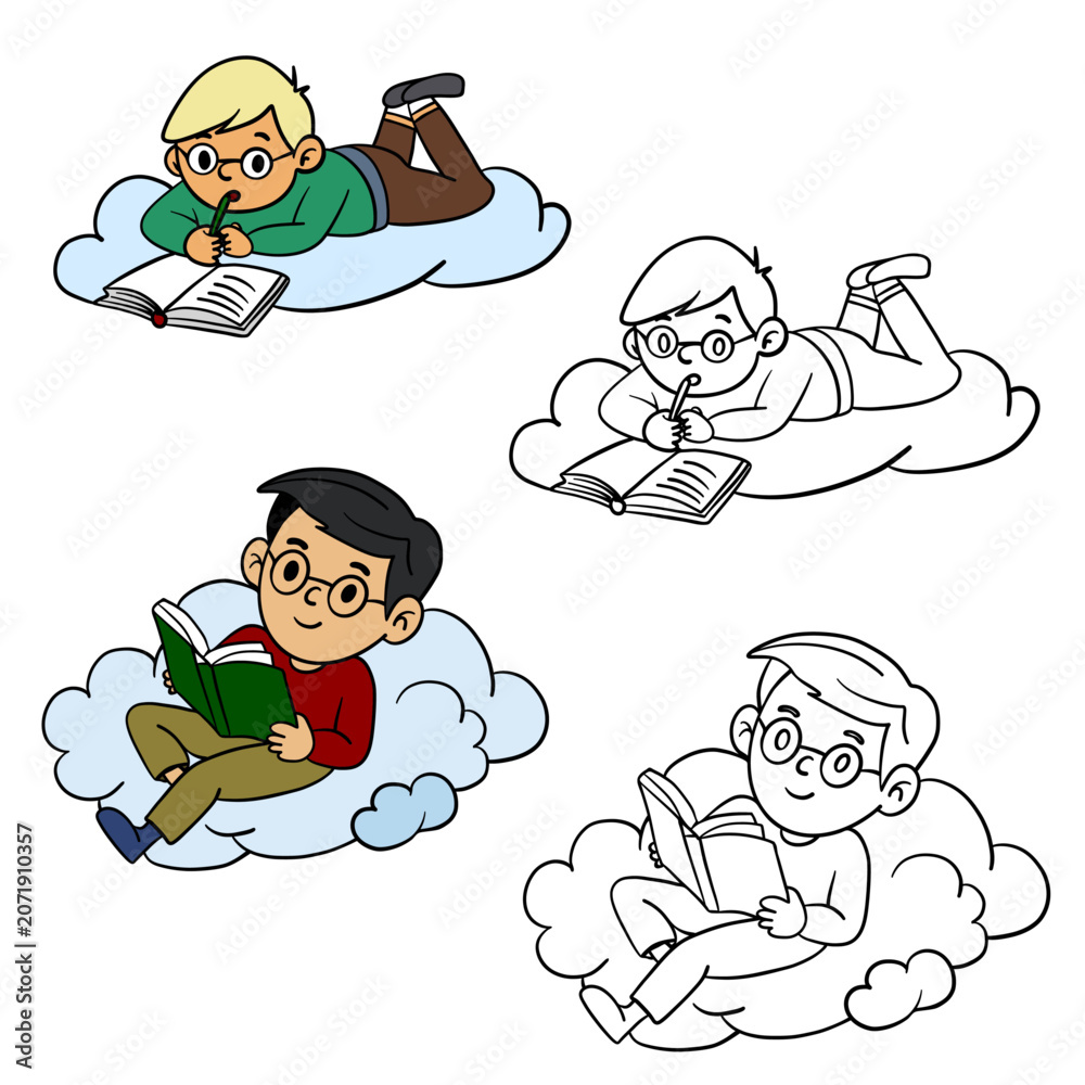 Fototapeta premium Hand-drawn illustration of schoolboys sitting on a cloud and studying in color and black and white outline. Cute students reading books, writing, and learning