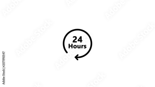 24 hours availability concept animation on the transparent background, full time service sign with rotating arrow icon animated.