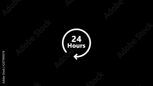 24 hours availability concept animation on the transparent background, full time service sign with rotating arrow icon animated.