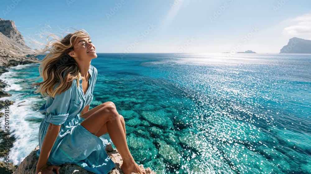 Naklejka premium Serene woman in blue dress enjoying sunshine on rocky cliff overlooking crystal clear turquoise ocean waters
