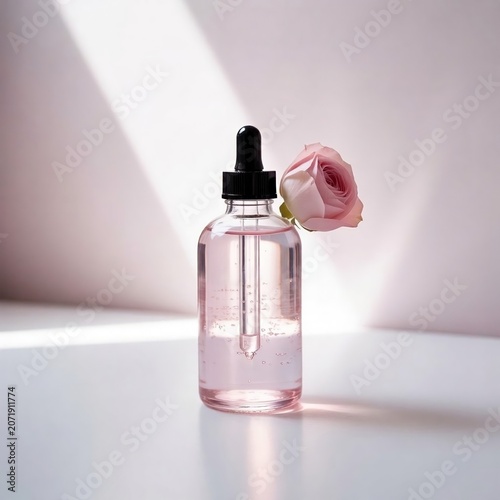 Rose essential oil dropper bottle mockup surrounded by fresh pink roses