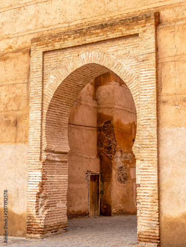 Traditional Moroccan Brick Archway in the Historic Medina of Marrakech