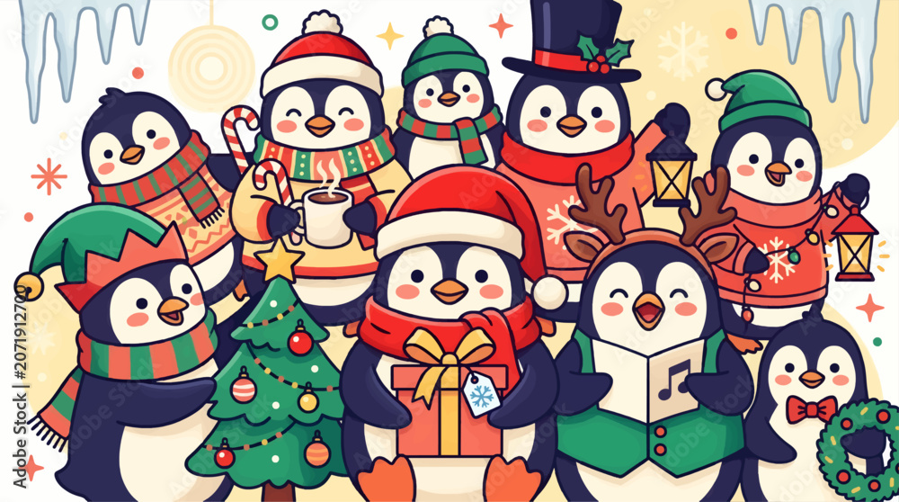 Fototapeta premium Cute Penguin Cartoon Characters Celebrating Christmas Holidays with Festive Outfits, Presents, Christmas Tree, and Carols, Joyful Winter Scene with Icicles and Lights