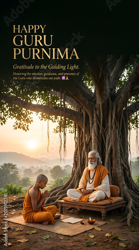 Guru Purnima teaching scene beneath sacred banyan tree devotional festival illustration background design