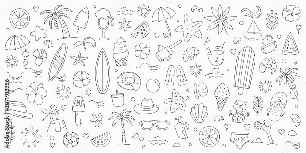 Fototapeta premium Summer themed hand drawn black line illustrations of beach objects and tropical fruits fruit art