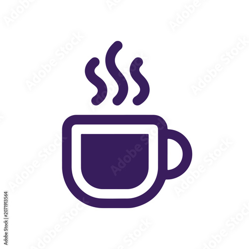 Minimalist purple coffee cup icon with steam illustration.
