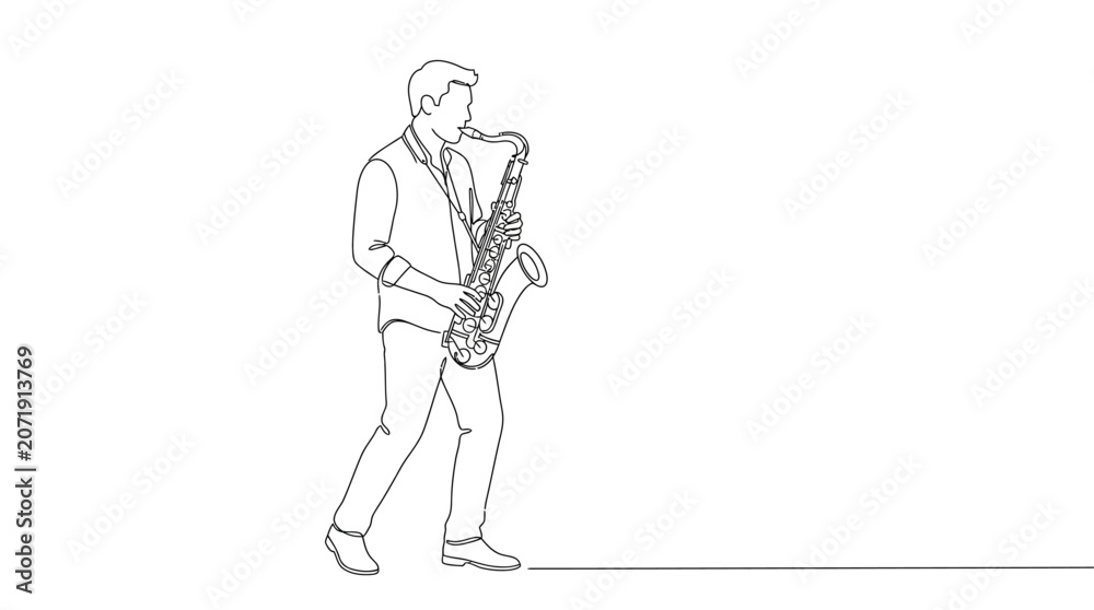Obraz premium A Simple Line Drawing of a Musician Playing the Saxophone with a Clean White Background