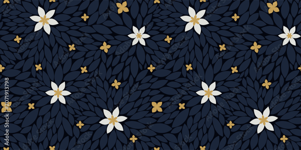 Fototapeta premium Dark botanical pattern with elegant tiny flowers and small leaves for luxury packaging, wellness design, fabric print