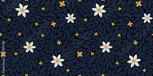Dark  botanical pattern with elegant tiny flowers and small leaves for luxury packaging, wellness design, fabric print