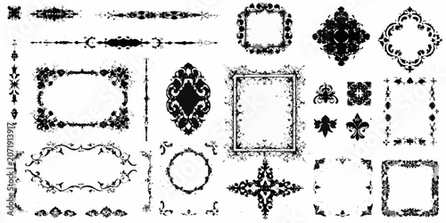 Tableau sur toile Ornate floral ornament collection black ink flourishes and frames on a white bac