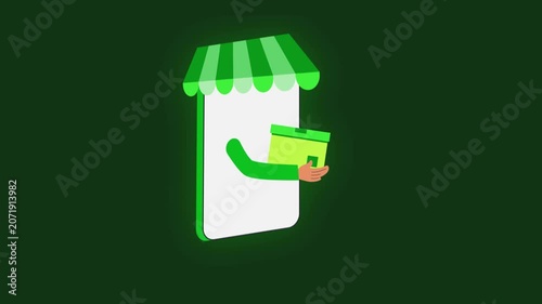 Online Storefront with Delivery. A stylized illustration of a smartphone morphing into a storefront, with a green awning and a hand emerging to deliver a package.