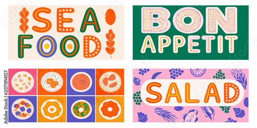 Photos Seafood And Salad Typography With Illustrated Food Elements Colorful Vector Illu