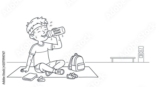 Photos Young boy quenching thirst after sports session with a refreshing beverage and s