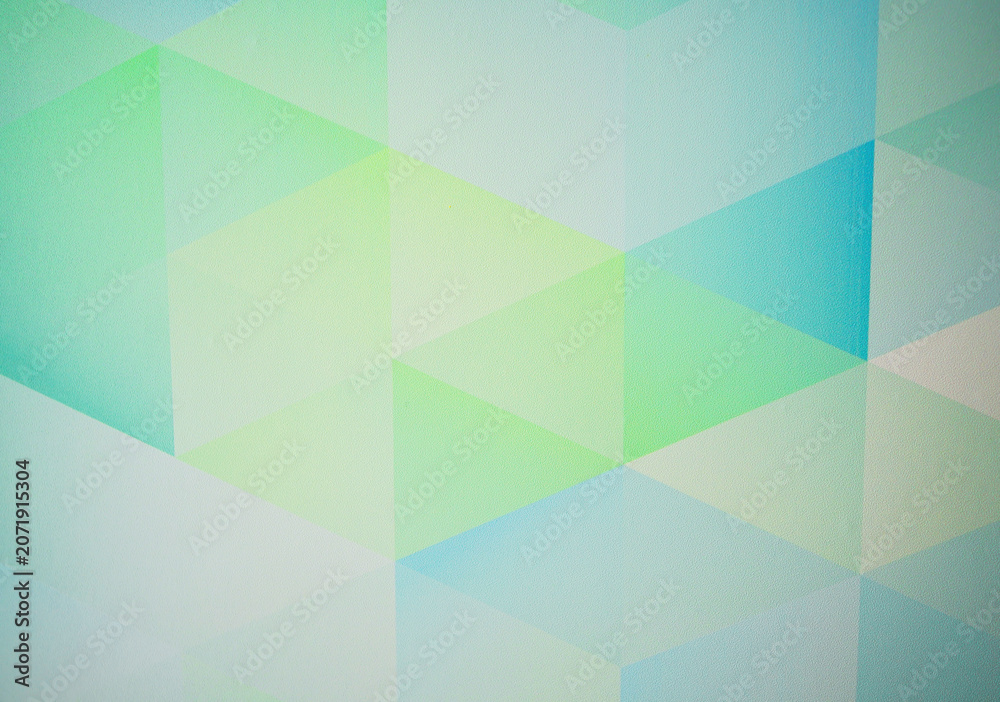 Obraz premium Wallpaper background, texture. Colorful geometric shapes of blue and green arranged in pattern on flat surface of wallpaper. Shapes in shades of blue and green form pattern on flat surface. 