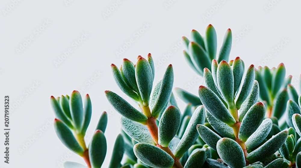 Obraz premium Macro Close-up of a Healthy Green Succulent Plant with Fuzzy Leaves and Red Tips, Soft Natural Light